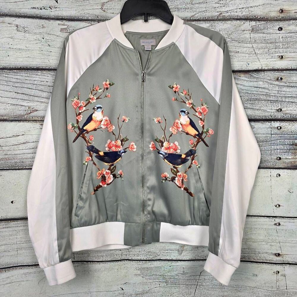 Belle Sky L Bird Floral Satin Bomber Jacket